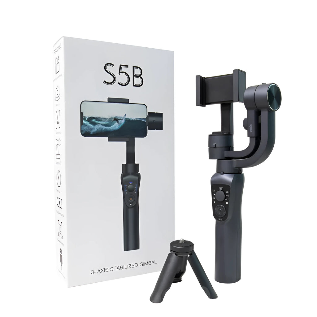 Black three-axis handheld smartphone gimbal stabiliser on a tripod with a hard case.
