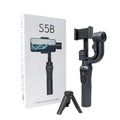Black three-axis handheld smartphone gimbal stabiliser on a tripod with a hard case.