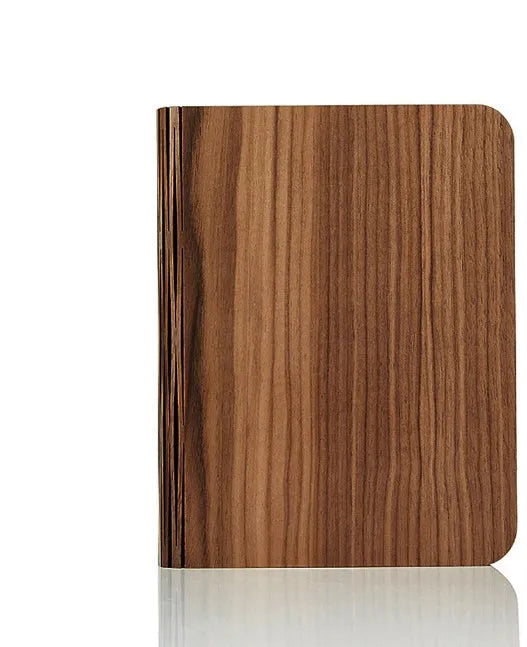 Solid wood book light in three sizes with USB cable, showing white and warm white light options.