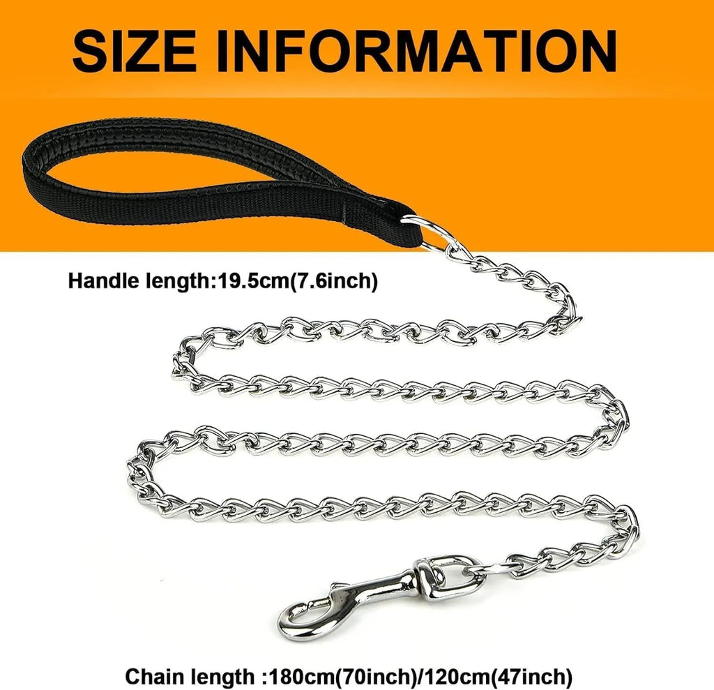 Heavy duty metal dog chain leash with a soft black padded handle, shown with a red colour option.