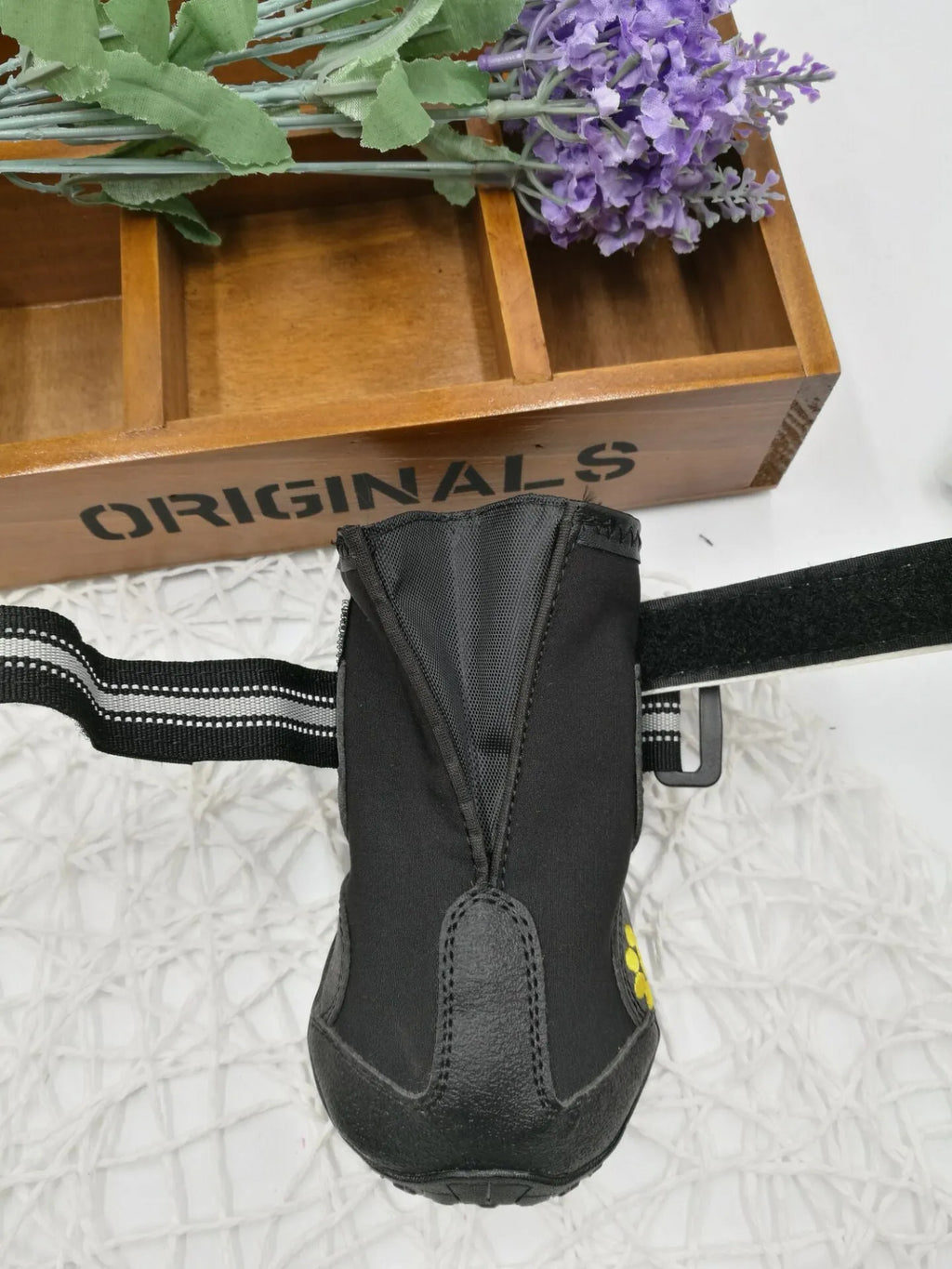 Black dog shoes with waterproof PVC sole and adjustable fuzzy strap, sizes 2-6, No1, No7, No8