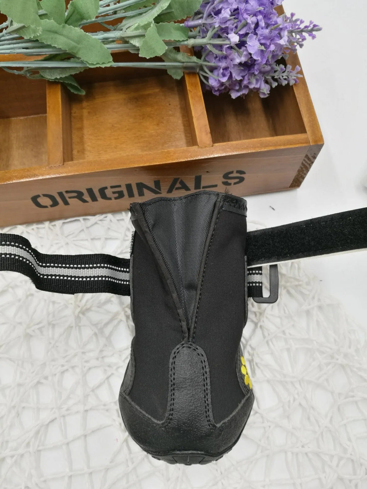 Black dog shoes with waterproof PVC sole and adjustable fuzzy strap, sizes 2-6, No1, No7, No8