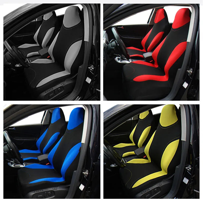Universal car seat cover set in blue fabric for front seats, showing dirt-resistant surface with compact storage