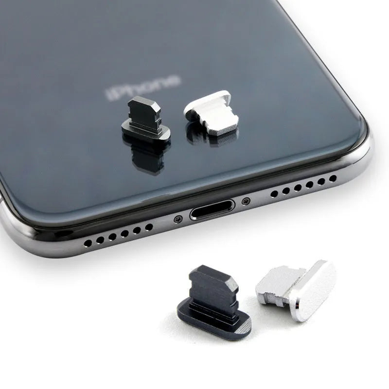 Aluminium alloy dust plug for iPhone Lightning charging port in various metallic colours.