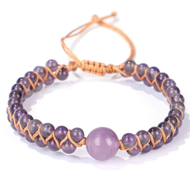 Handmade woven geometric pull bracelet with Tigereye and Amethyst beads in blue and purple colours