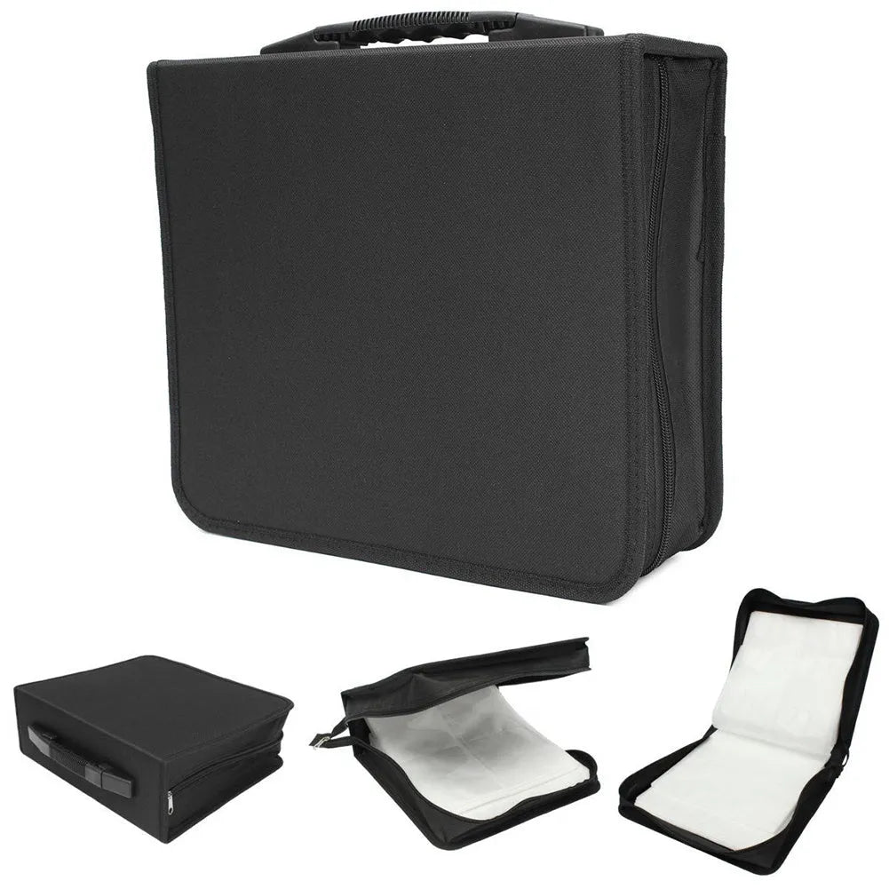 Black Oxford fabric CD organiser with zipper closure and top hand strap for media storage