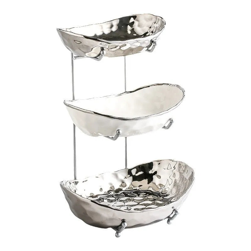 Multi-layer ceramic fruit tray with gold frame and electroplated stone texture