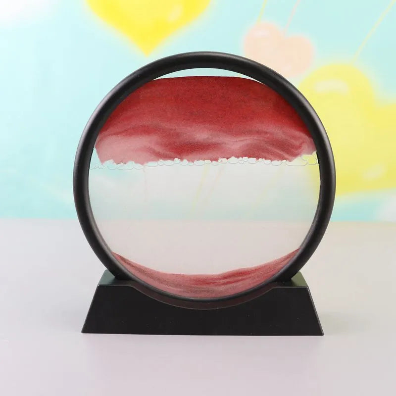 3D dynamic sand painting in glass frame with shifting blue and purple sand patterns