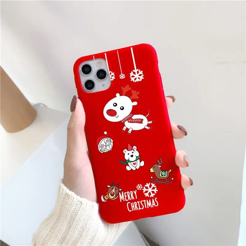 Christmas red frosted TPU phone case with cartoon animal and floral design for iPhone