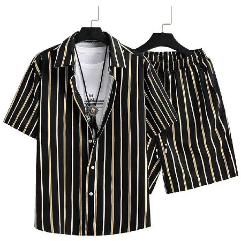 Man wearing a digitally printed cardigan and shorts loungewear set in polyester.