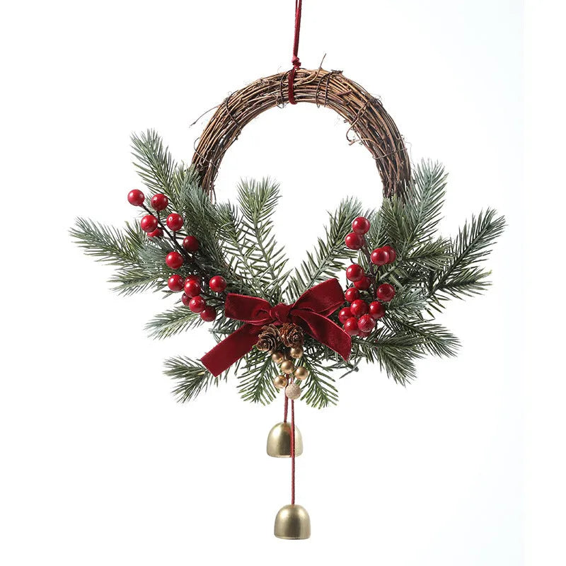 New Christmas rattan plaited garland with bell, bow, and Stranvaesia davidiana berries in light luxury style on a dark background