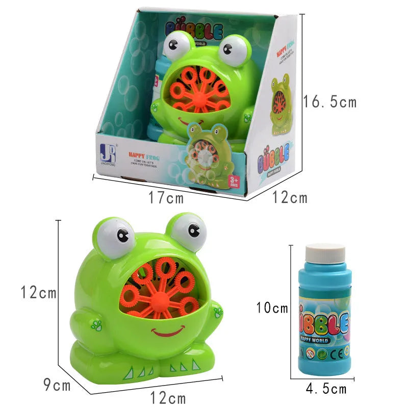 Green frog-shaped automatic bubble machine gun with lights and music for children aged 3 and above