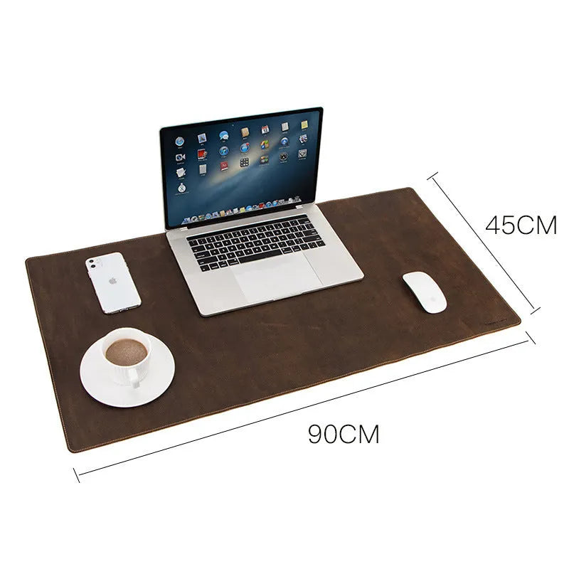Extra large non-slip desktop computer desk leather pad in coffee colour, 90cm wide, mad horse skin material