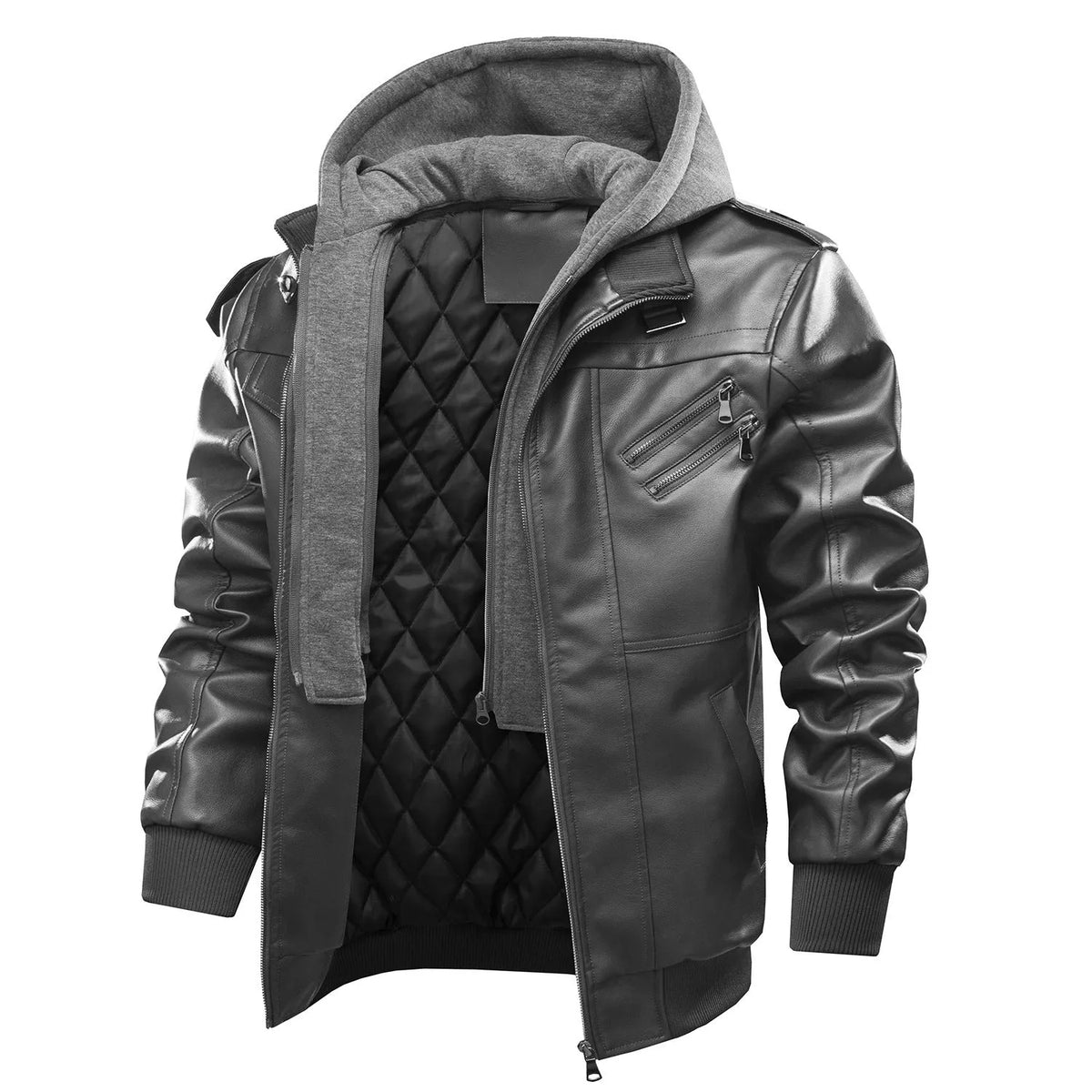 Men's casual motorcycle jacket in PU leather with removable cap collar, zip front, ribbed hem, side slit pockets, grey black or coffee