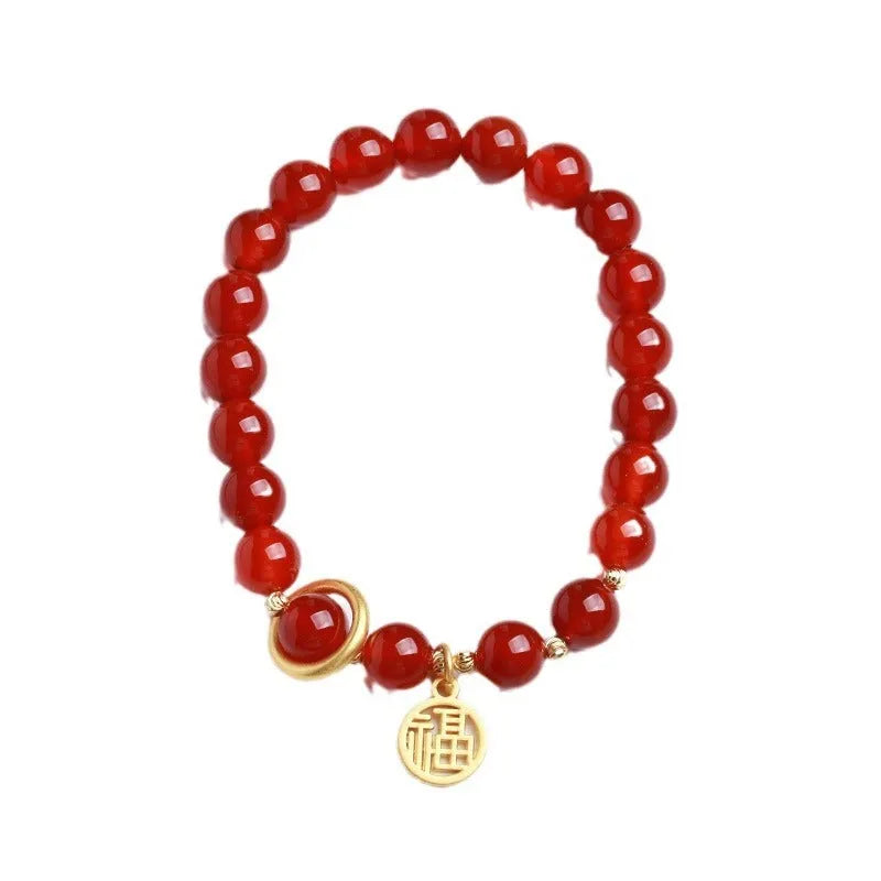 Natural red agate bracelet with woven design and blessing card, shown in 10mm bead size.