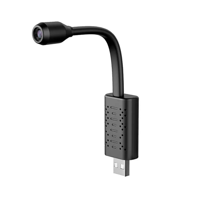 Black V380 wireless USB HD security camera, 158mm long, shown next to a microSD card and USB cable.