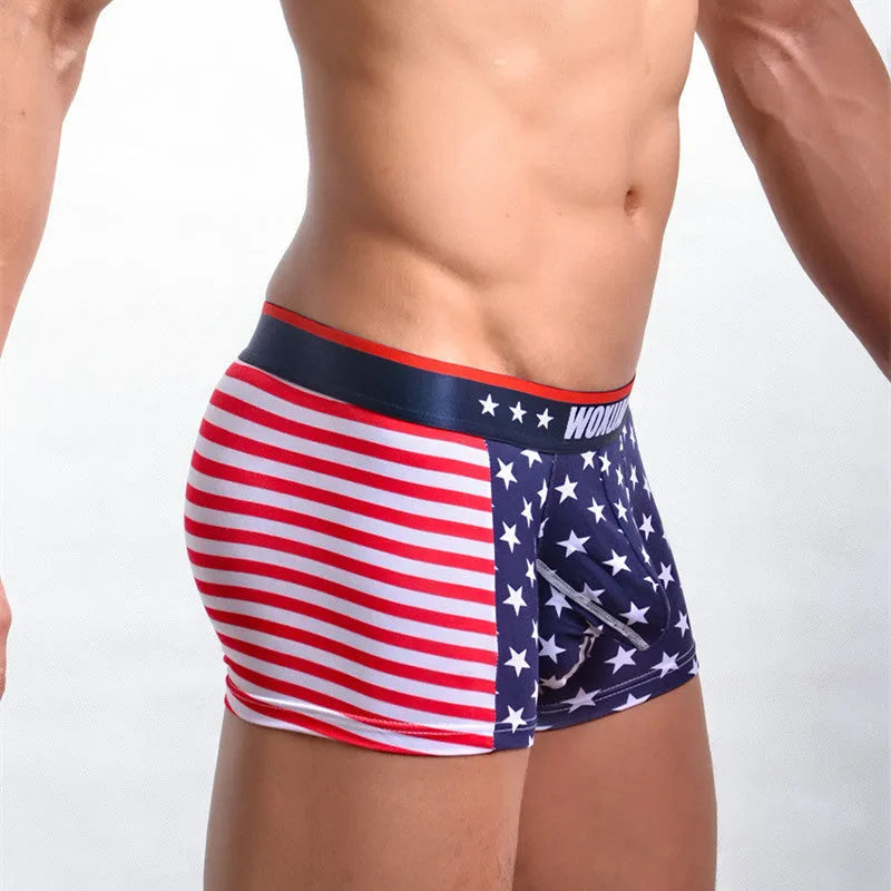 American flag printed ribbed boxers in red, cotton spandex blend, sizes S-XL