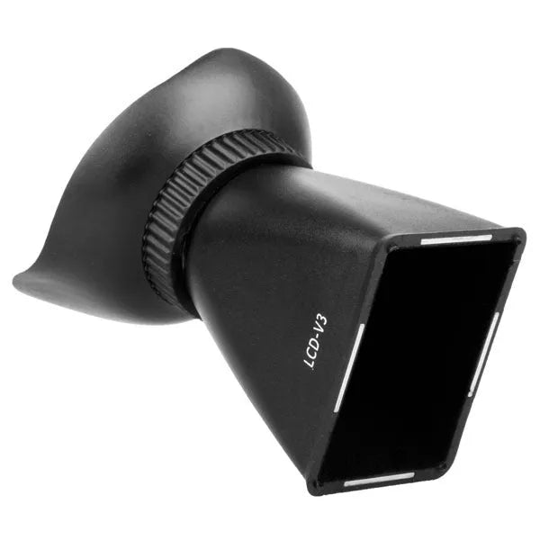 Black camera LCD viewfinder magnifier attached to a DSLR, showing a magnified screen display.