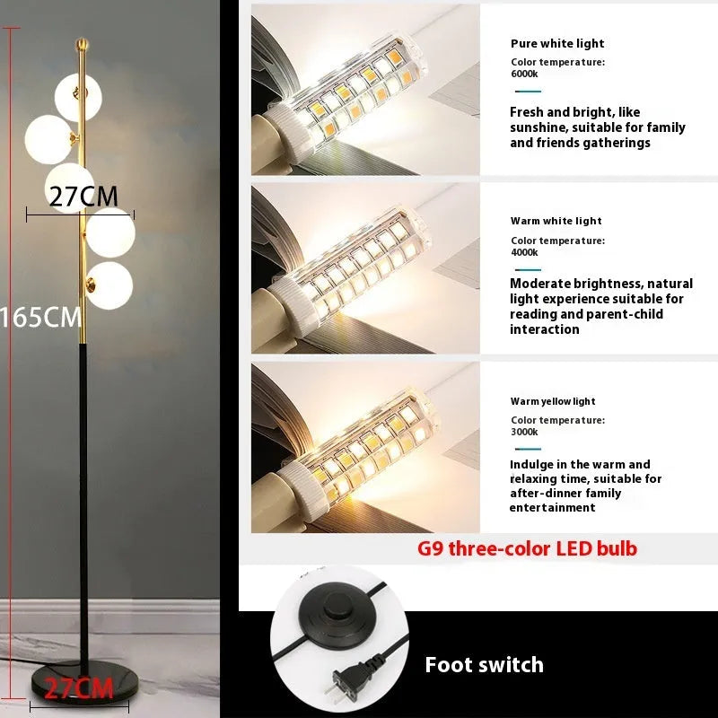 Simple iron floor lamp with 8W LED tricolour bulb in black ribbon gold finish