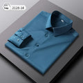 Men's solid colour long-sleeved shirt in a loose, non-ironing polyester and spandex fabric.