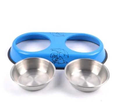 Stainless steel double dog bowl with non-slip base, two 10-10.9cm bowls, in Apricot beige, Blue flower or Wine Red