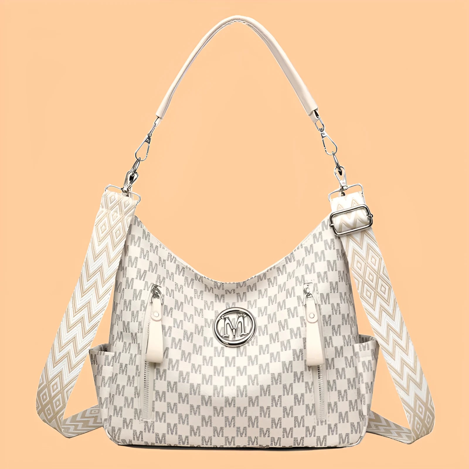 Retro simple printed shoulder messenger bag in PU material with double straps and sandwich pocket design