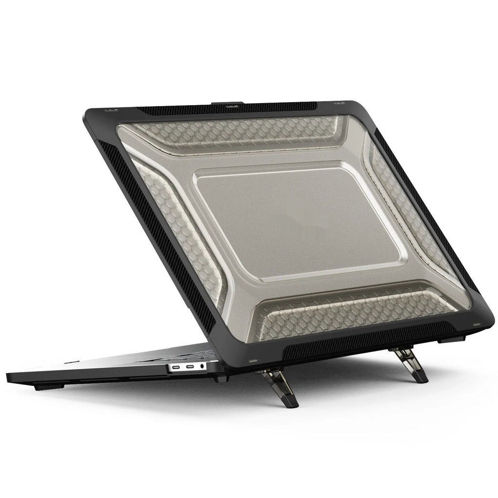 MacBook protective hard shell case in four colour options: black, grey, apricot, and blue.