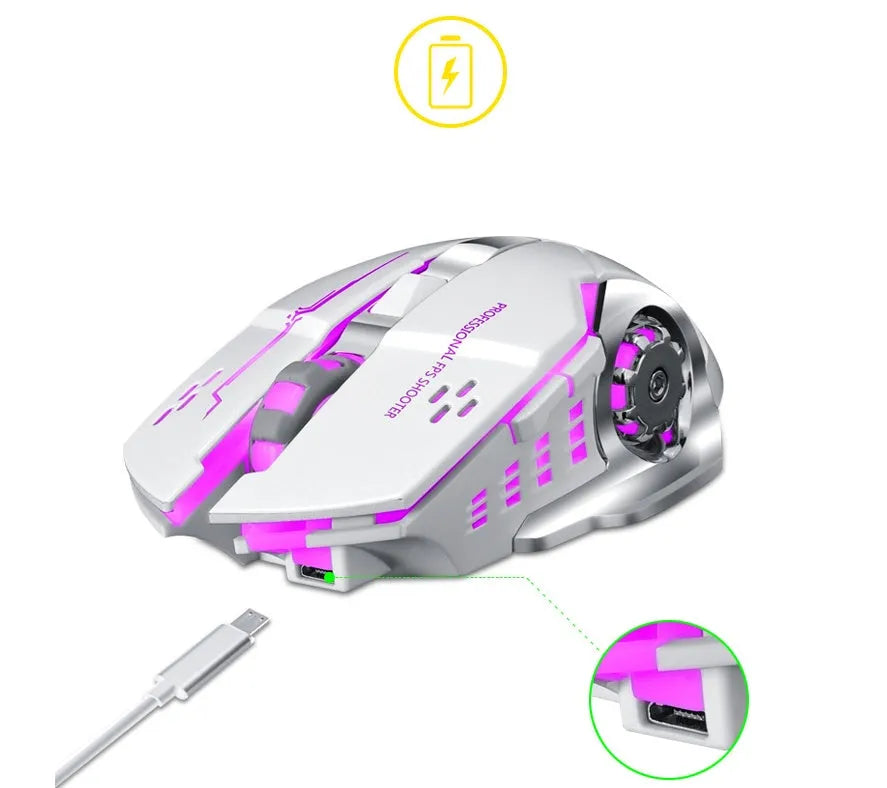 Black and white wireless computer mouse with 2400dpi resolution and mute buttons