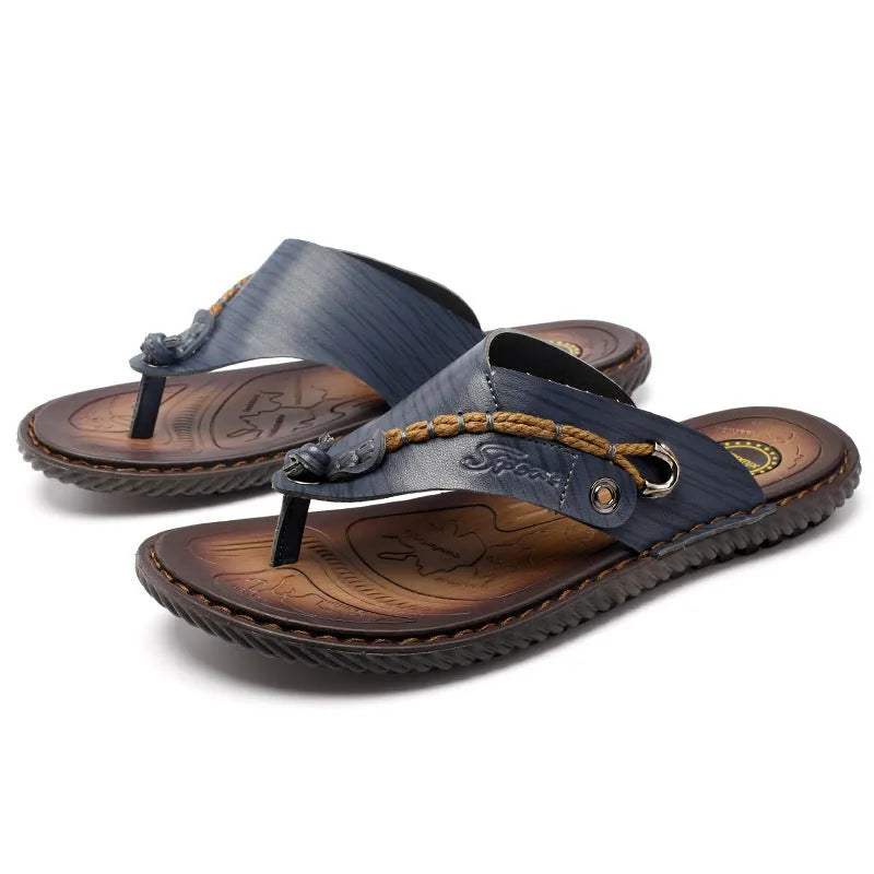 Plus size men's herringbone pattern outdoor slippers in dark blue with leather lining