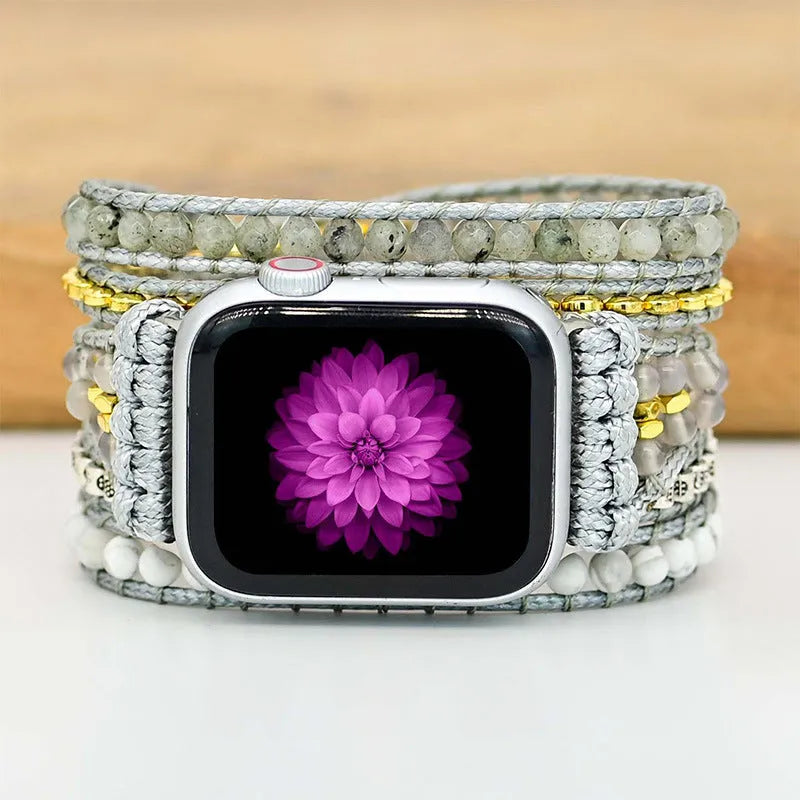 Natural stone beaded crystal watch band in bohemian style with three size options for 5.5 to 8.1 inch wrists