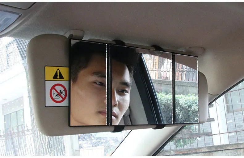 Silver car visor folding makeup mirror shown closed and open, with ABS plastic frame.