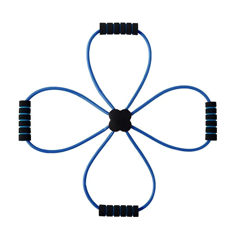 Blue eight-character TPR shoulder puller fitness band on a grey background.