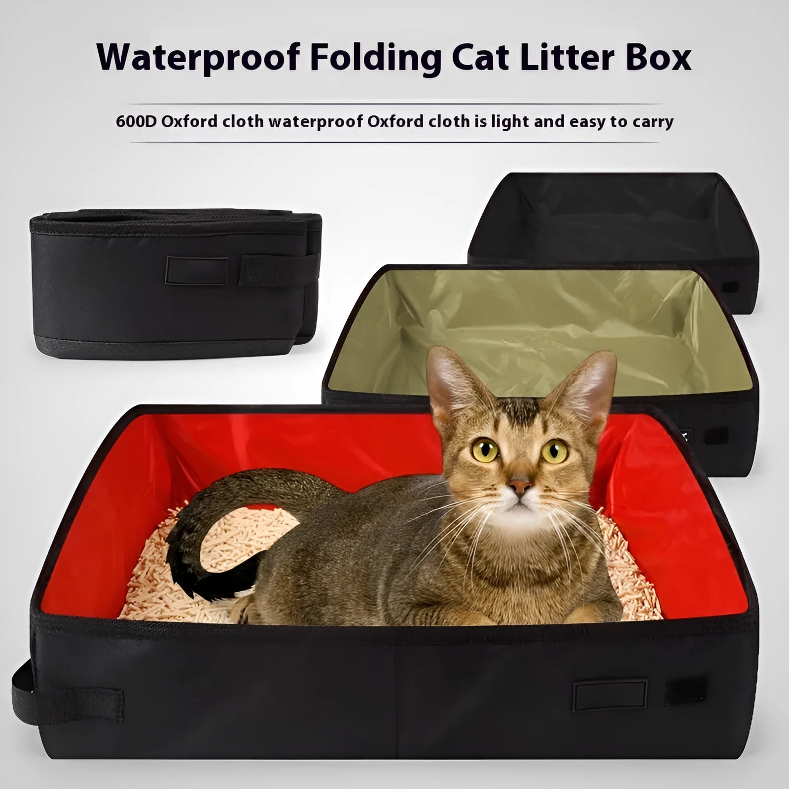 Portable foldable litter box in black waterproof Oxford cloth, 40x30cm, packed flat