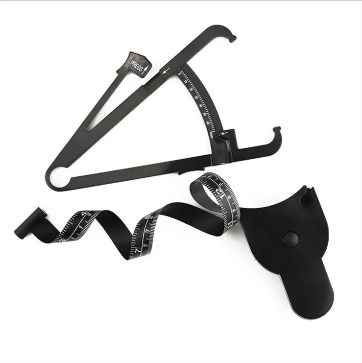 Black body fat caliper skinfold measurement tool with 0-70mm gauge and two fabric measuring tapes.