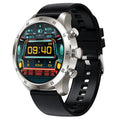 Black steel smart watch with Bluetooth calling on a wrist, displaying heart rate data.