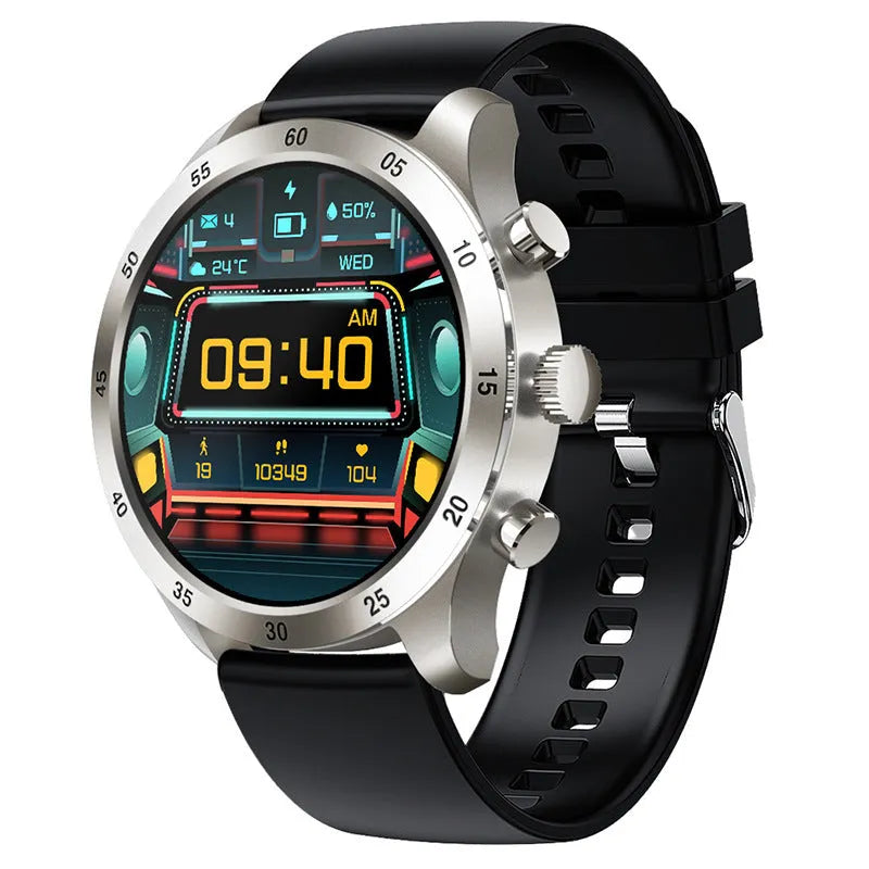 Black steel smart watch with Bluetooth calling on a wrist, displaying heart rate data.