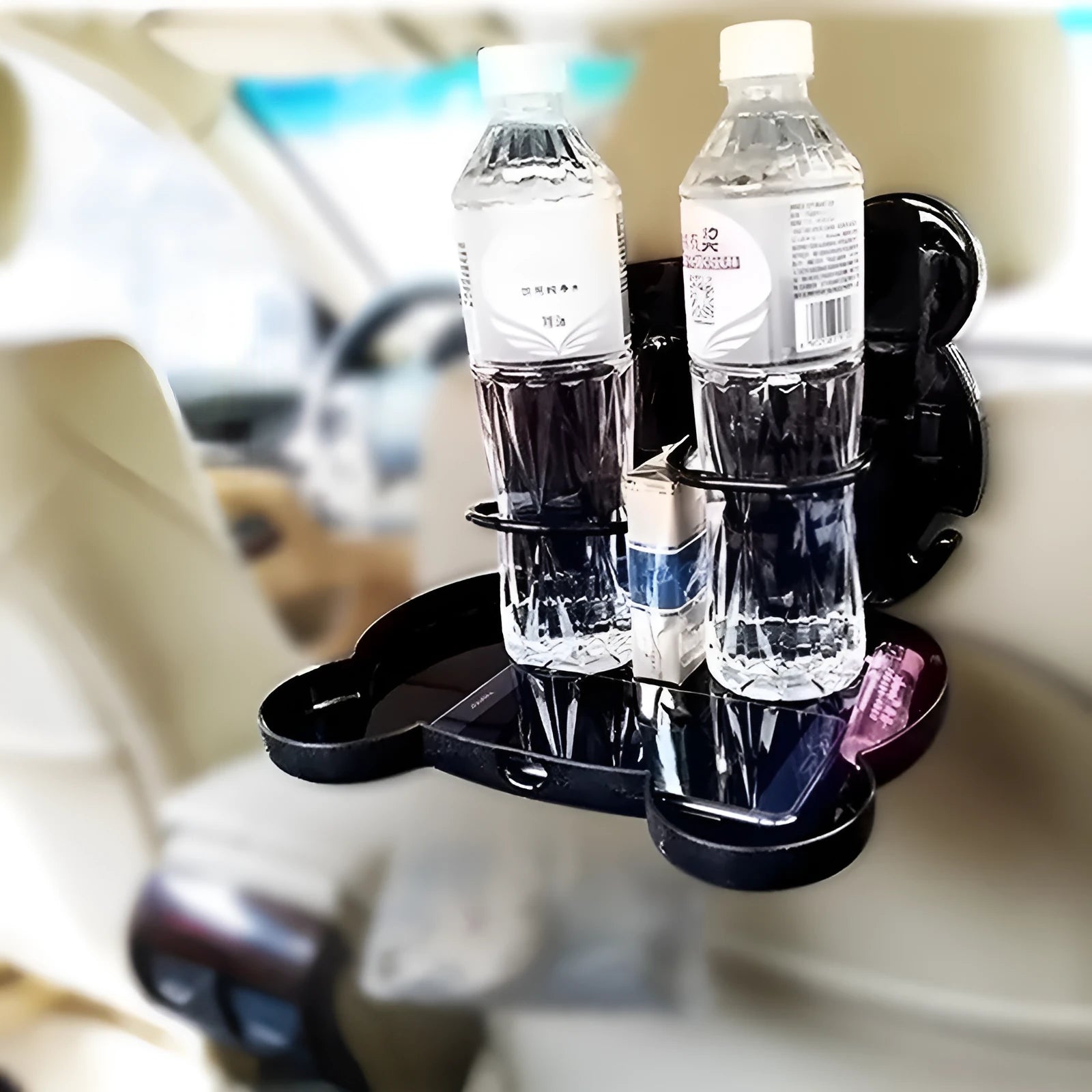 Child car seat table tray in white PP with side hooks, 20 by 23.5 cm, for drinks and snacks