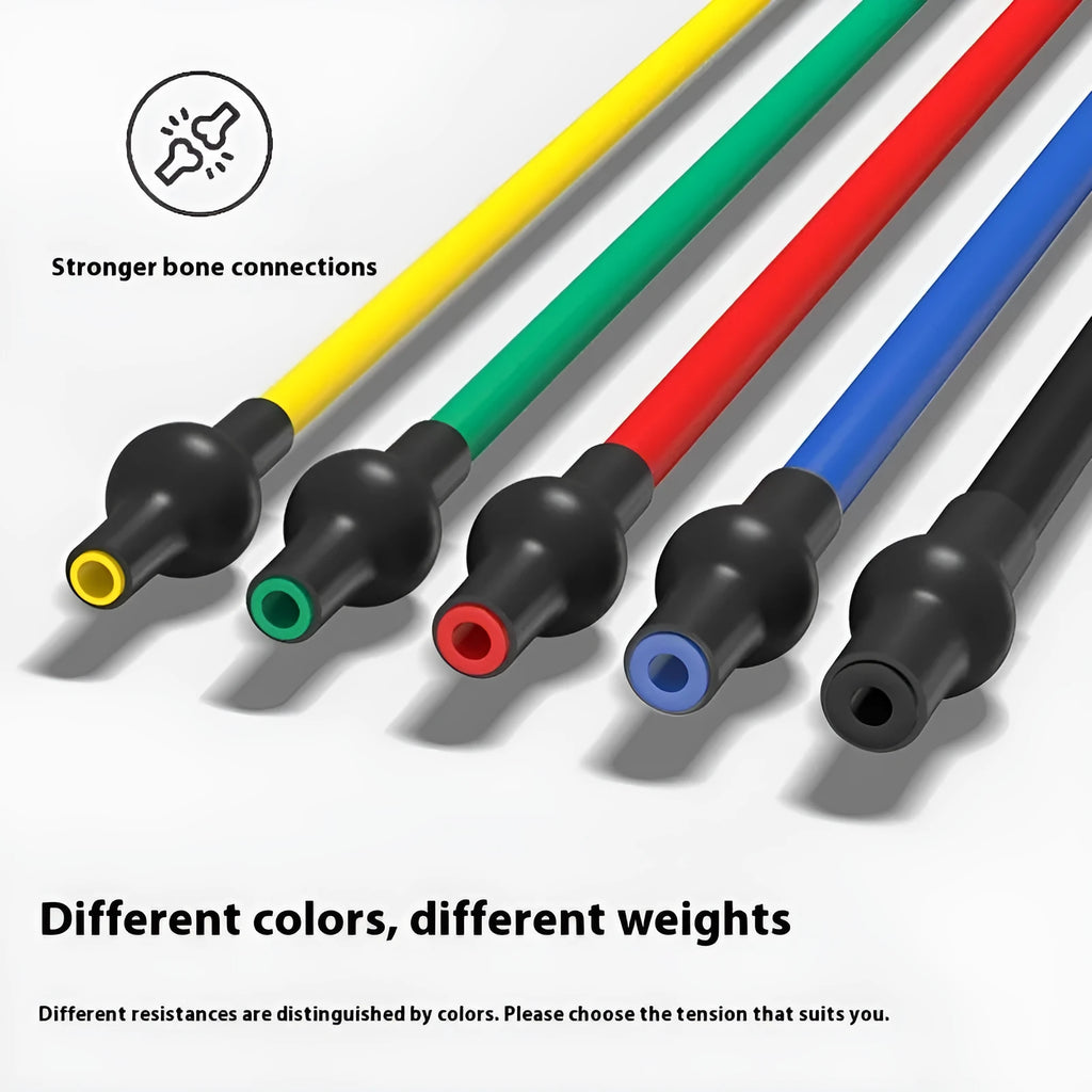 Colour-coded adjustable chest expander with yellow, green, red, blue, and black TPE resistance bands.
