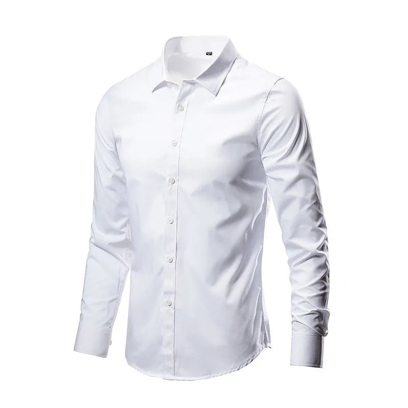 Man wearing a loose fit long sleeve linen shirt in a neutral colour, showing the casual style.