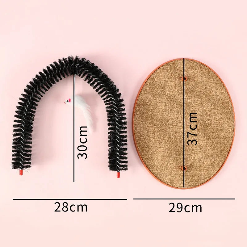 Black arch-shaped cat grooming brush with attached mouse toy on non-slip base