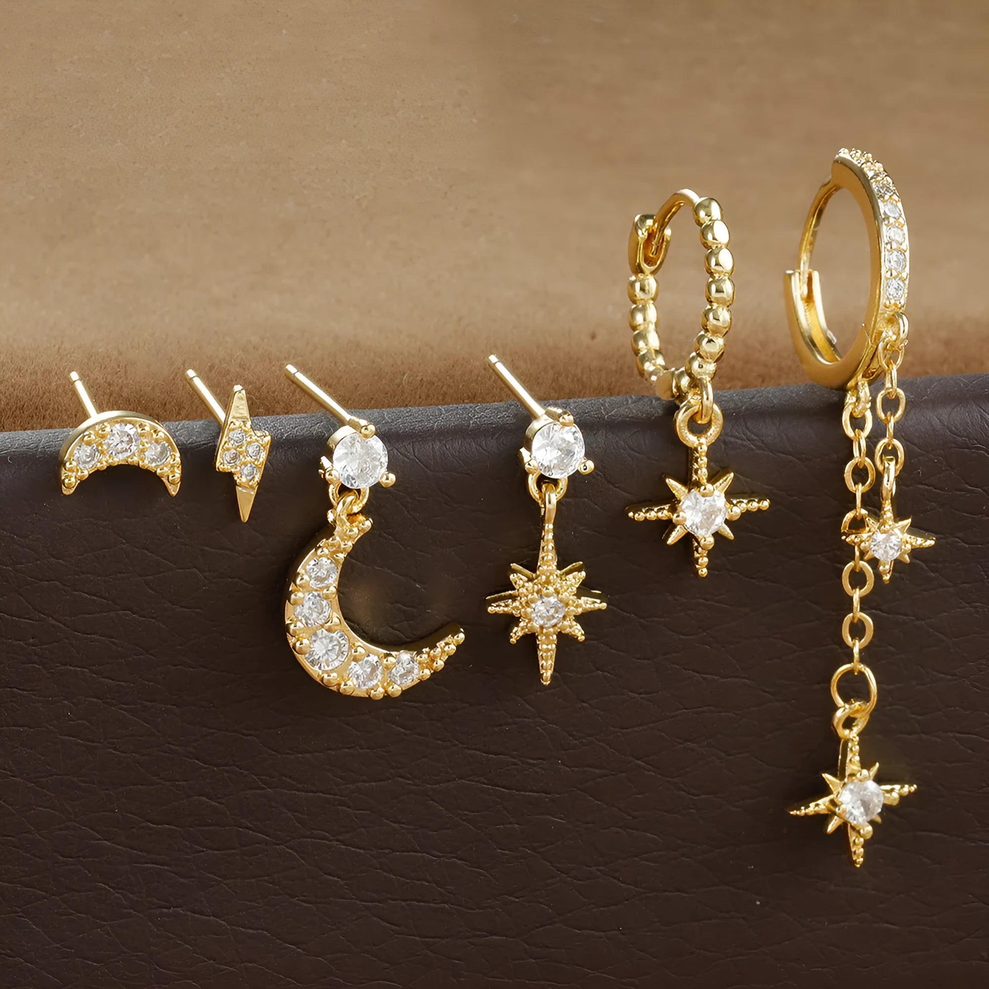 XINGX gold chain tassel earrings set of six with zircon stud accents on copper material