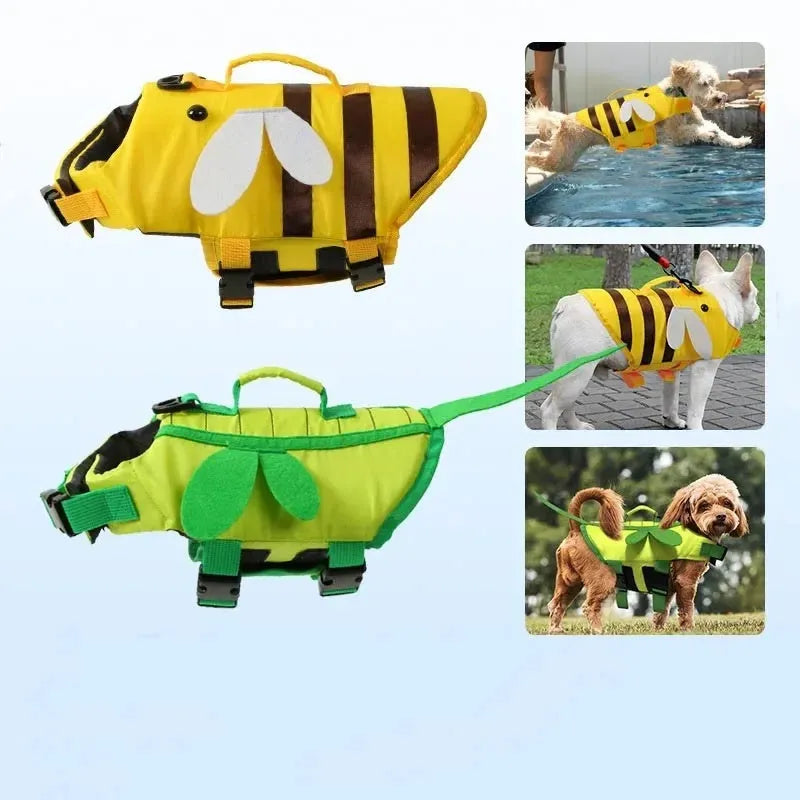 Green dog life jacket with reflective strips and adjustable buckles for swimming safety