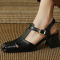 Women's hollow retro closed toe chunky heel sandals in dark brown with leather upper and rubber sole