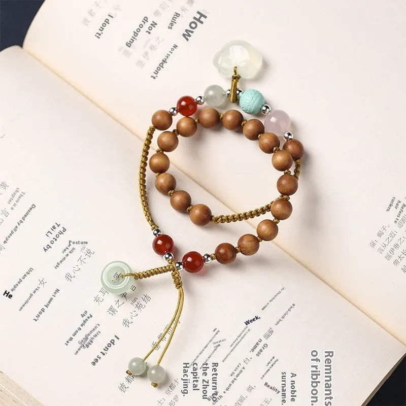 Women's double ring ebony wood bracelet with ruyi elements and sandalwood fragrance