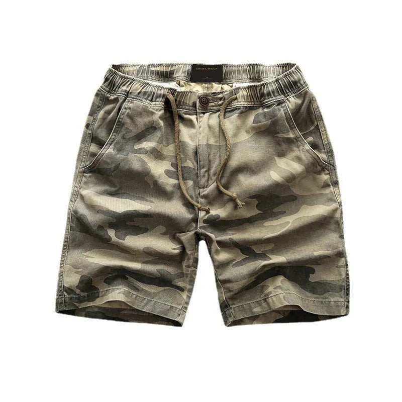 Green camouflage cotton shorts for youth men with zip fly and mid waist design