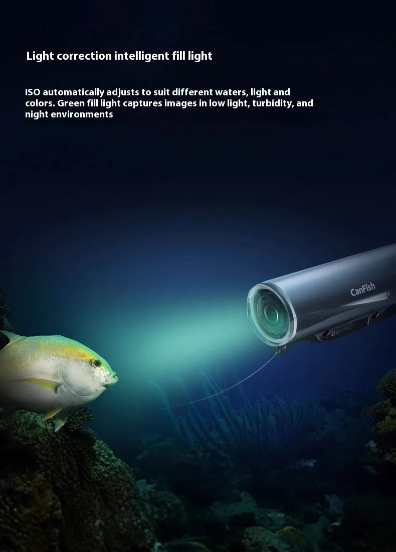 Wireless underwater fish detection camera with 160-degree view, MP4 video, 16GB card capacity, and charging cable