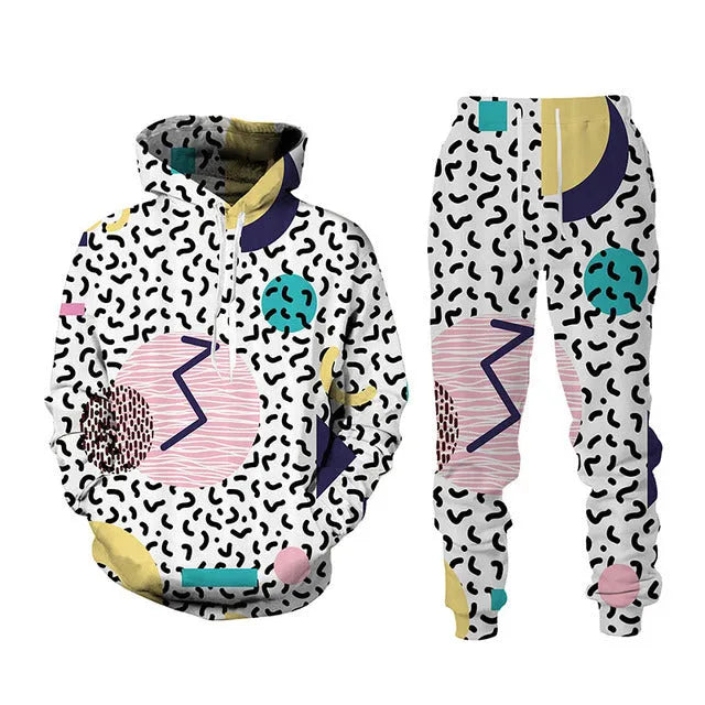 3D printed sports hoodie and long pants set for men, loose fit, black colour
