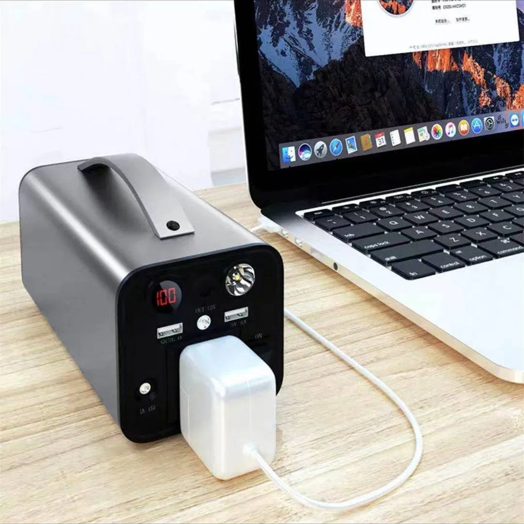 Portable power station with 45000mAh capacity, 180W output, featuring AC/DC/USB ports and LED light.