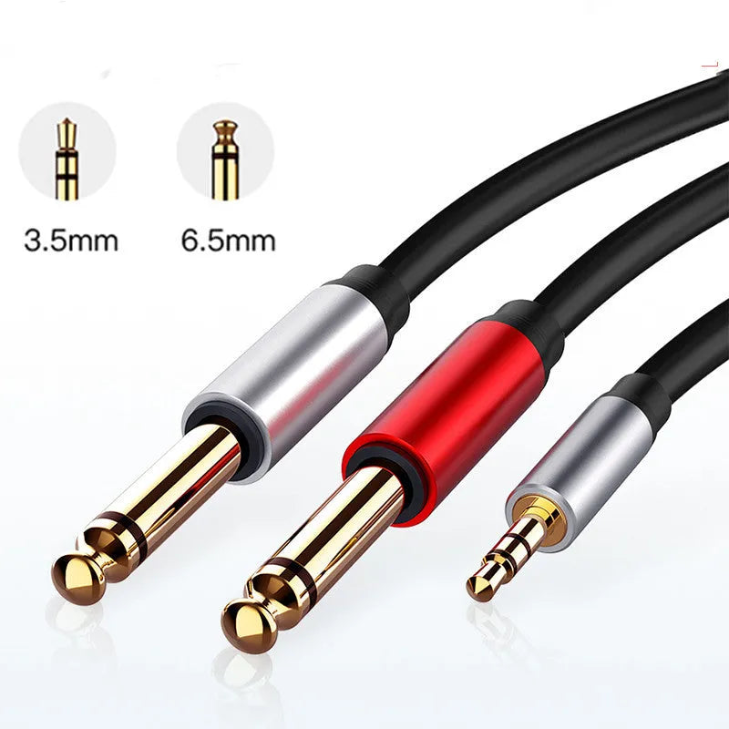 3.5mm to two 6.5mm male jack audio cable with black insulation and gold-plated plugs.