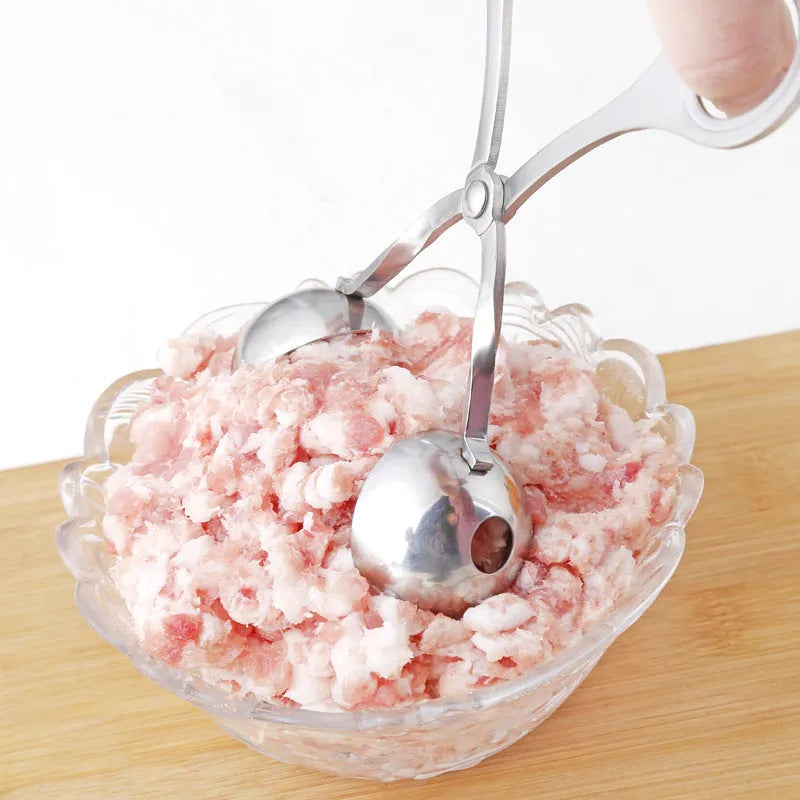 Stainless steel meatball maker tool clip with water-polished finish forming a uniform ball
